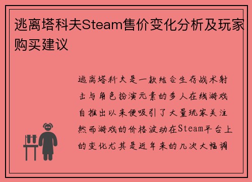 逃离塔科夫Steam售价变化分析及玩家购买建议